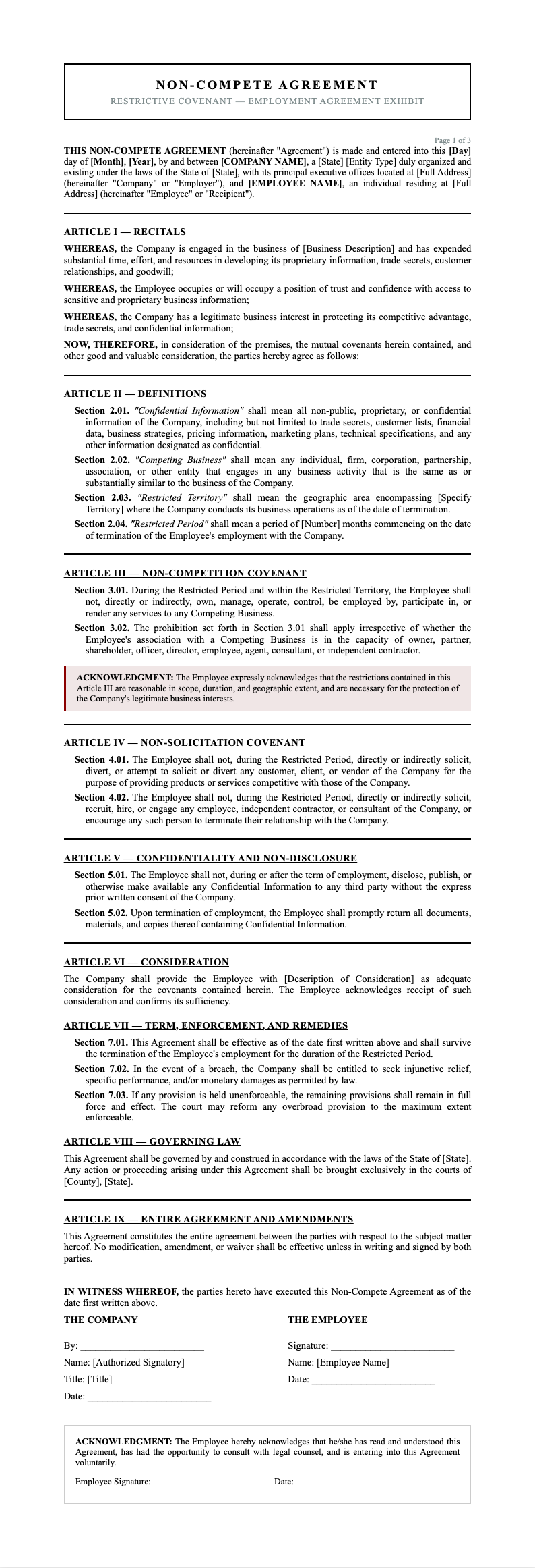 Government Formal Non Compete Agreement